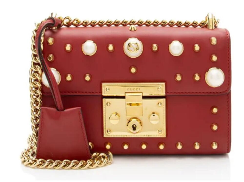 Gucci Red Leather Faux Pearl Stud Padlock Small Chain Shoulder Bag